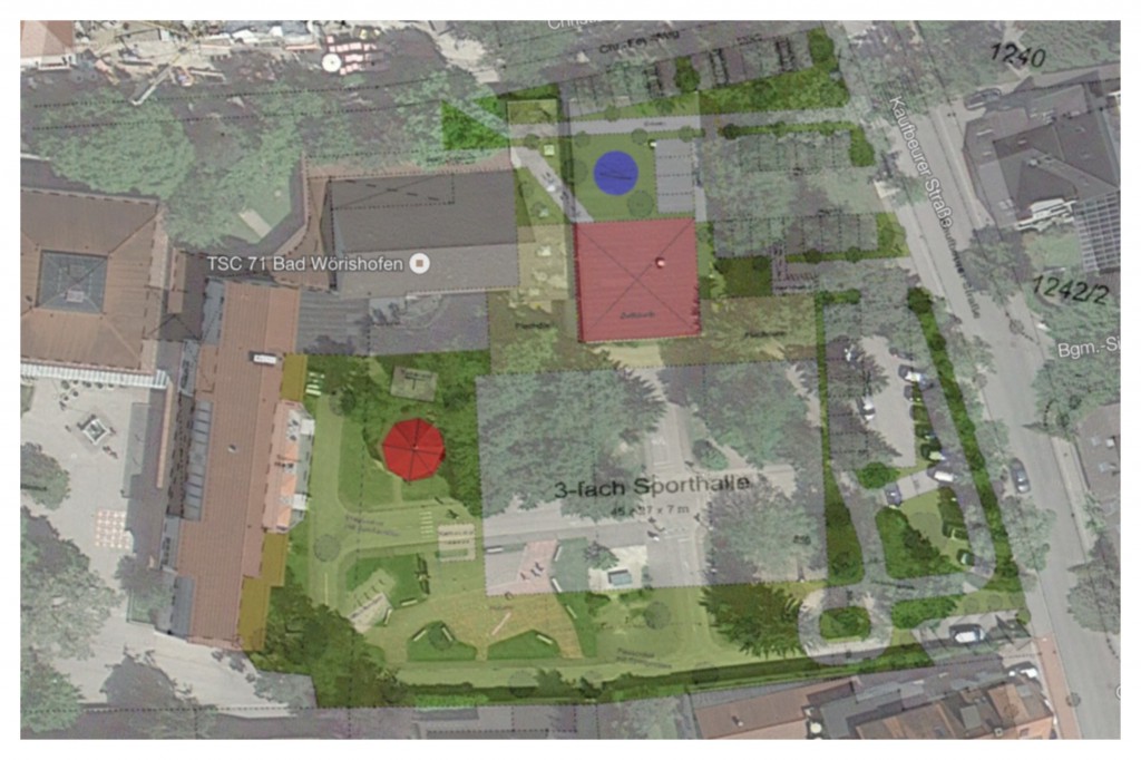 Dreifachturnhalle Satellitenansicht und Bauplan