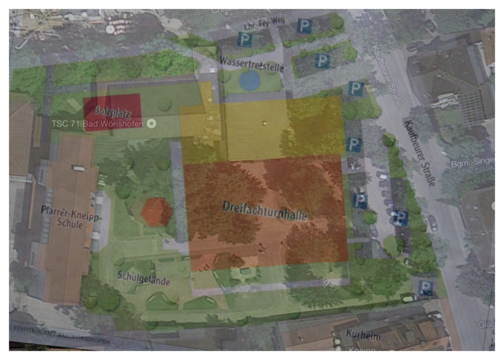 Planung Dreifachturnhalle Bad Wörishofen auf Satellitenfoto